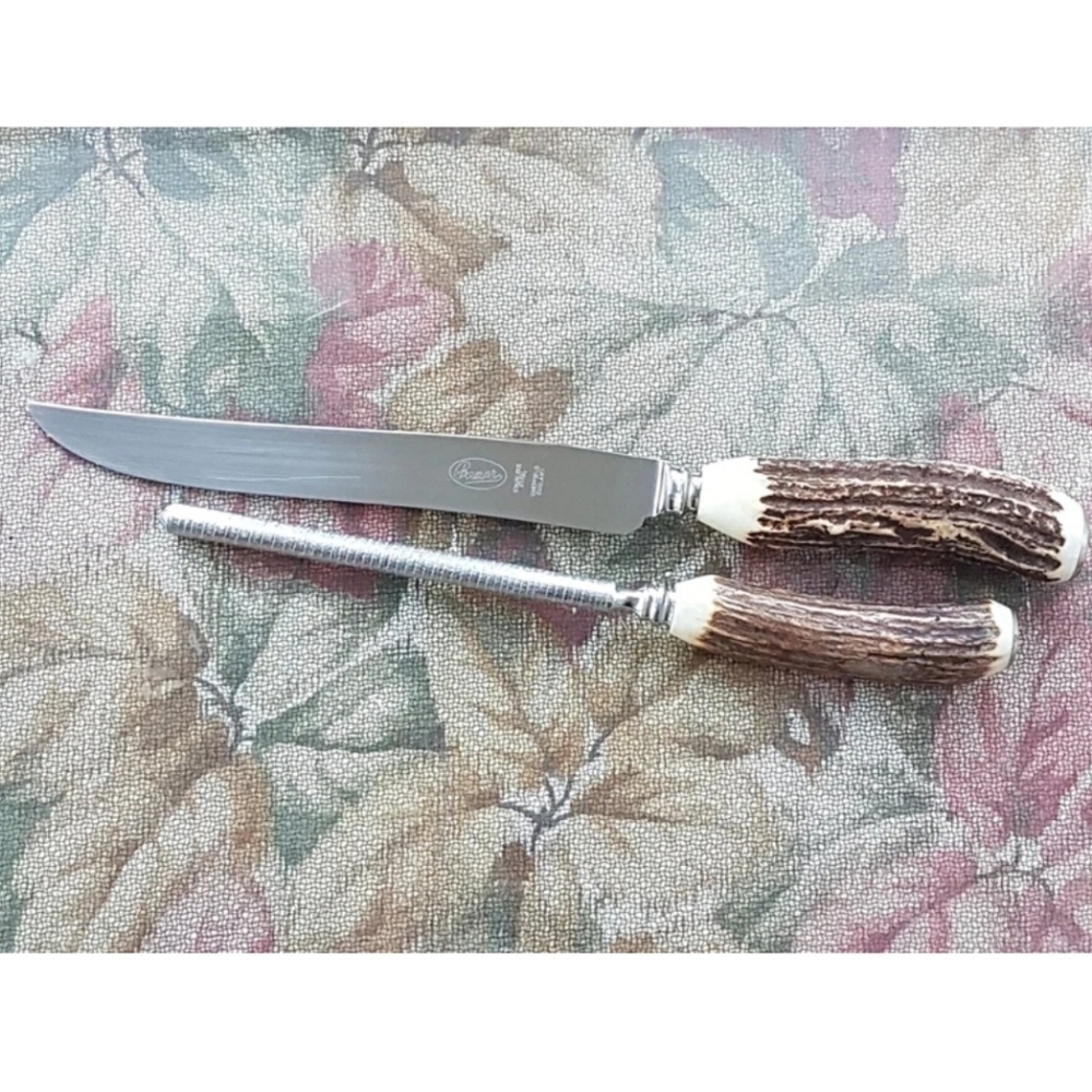 Vintage Sheffield England Premier Genuine Staghorn Carving Set 2pc Antler Handle